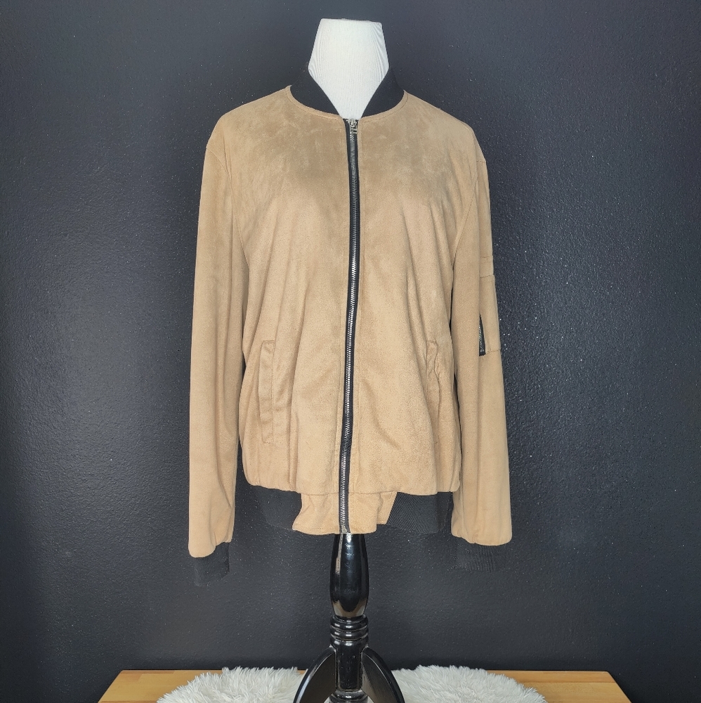 Forever 21 Men's Beige brushed suede Bomber Jacket with Black trime